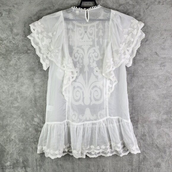 Womens White Stellah Blouse Top Lace Flutter Ruffle Sleeve Relaxed Embroidered M - Picture 9 of 12